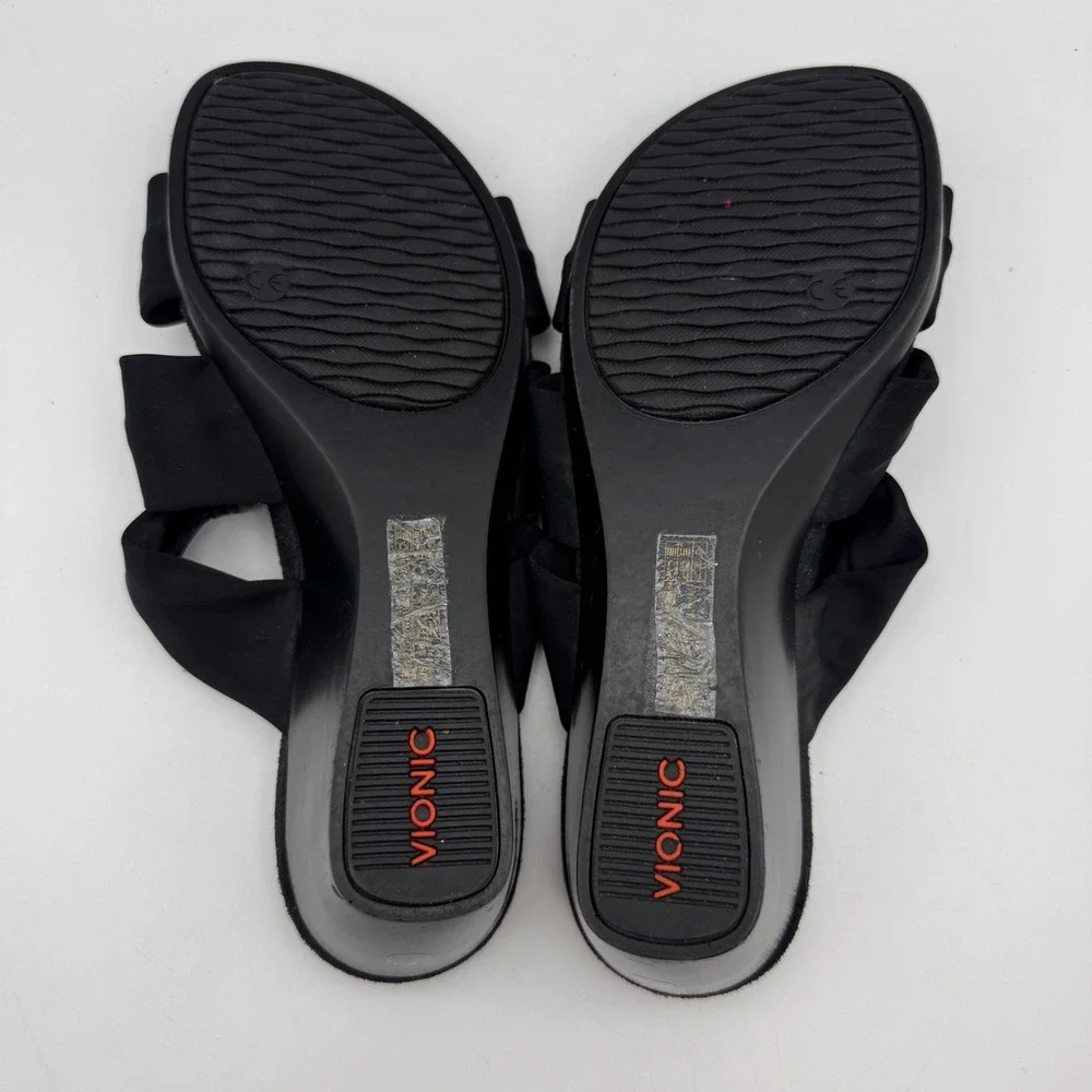 Vionic‎ Wedge Sandals Women 7 Black Triple Knot Strap Slide Orthotic Heel